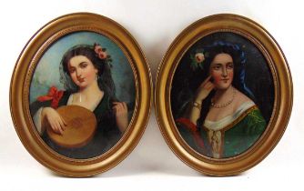 20th century Continental school two portraits of ladies unsigned verre eglomise on domed glass 52 cm