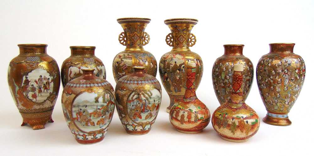 Five pairs of Meiji period Japanese Satsuma ware vases, gilt decorated with figures, largest h. 16.5 - Image 3 of 3