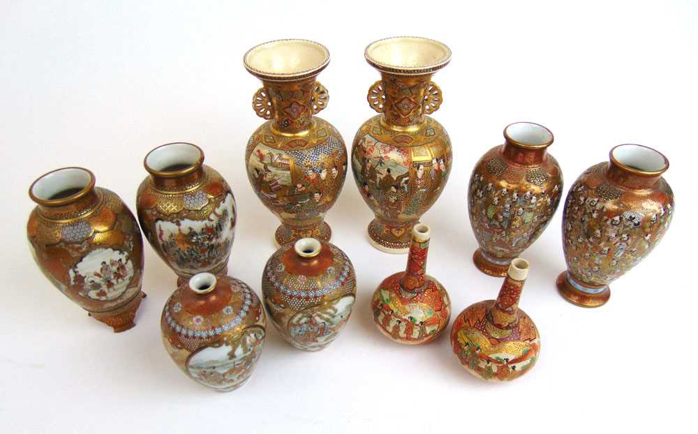 Five pairs of Meiji period Japanese Satsuma ware vases, gilt decorated with figures, largest h. 16.5 - Image 2 of 3