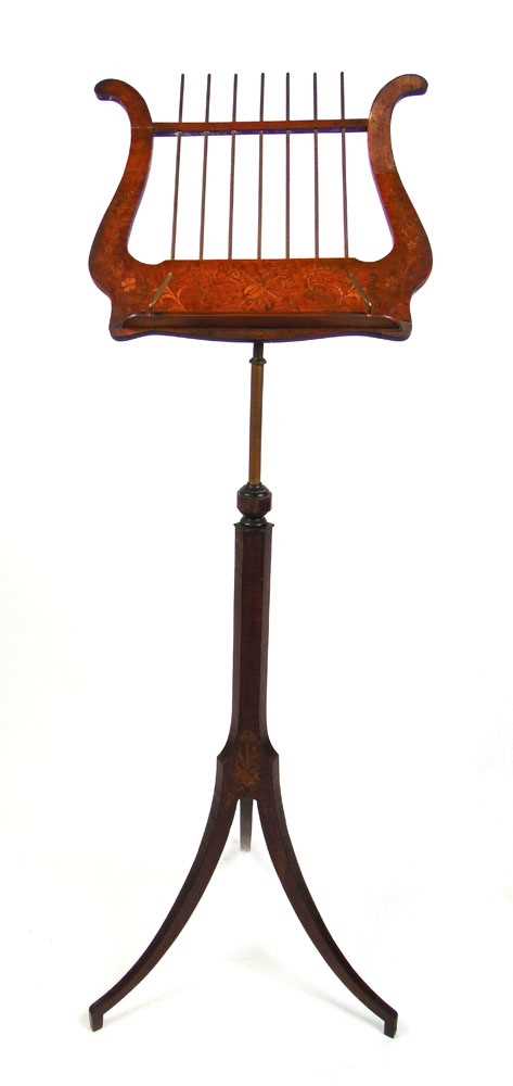 An early 20th century satinwood and marquetry music stand, the lyre slope on adjustable column and - Image 2 of 22