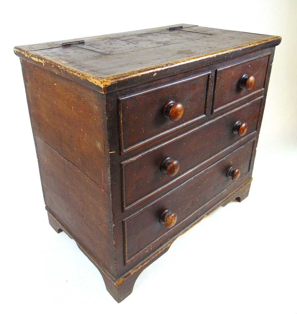 A 19th century scumbled pine chest, the lift up top revealing a vacant interior over the front - Image 3 of 3