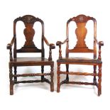 An 18th century beech and elm Dutch open arm chair with leather upholstered seat along with a
