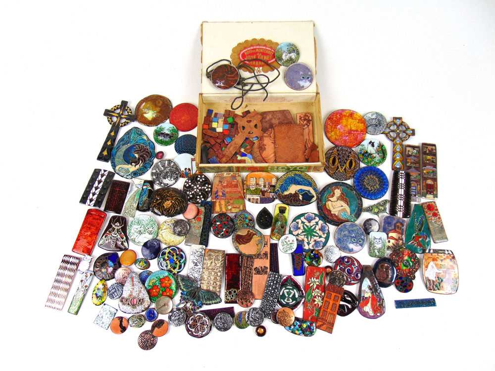 A quantity of enamelled artworks on copper including pendants, buttons, plaques etc. Many initialled
