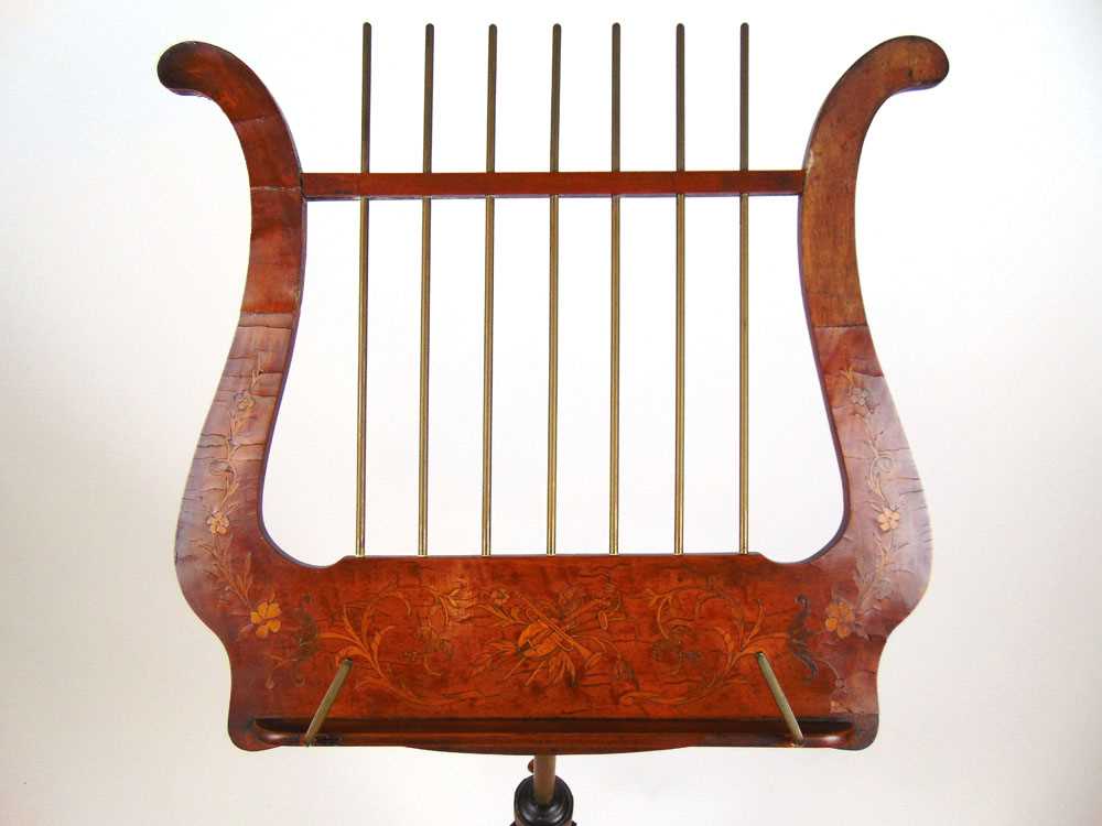 An early 20th century satinwood and marquetry music stand, the lyre slope on adjustable column and - Image 3 of 22