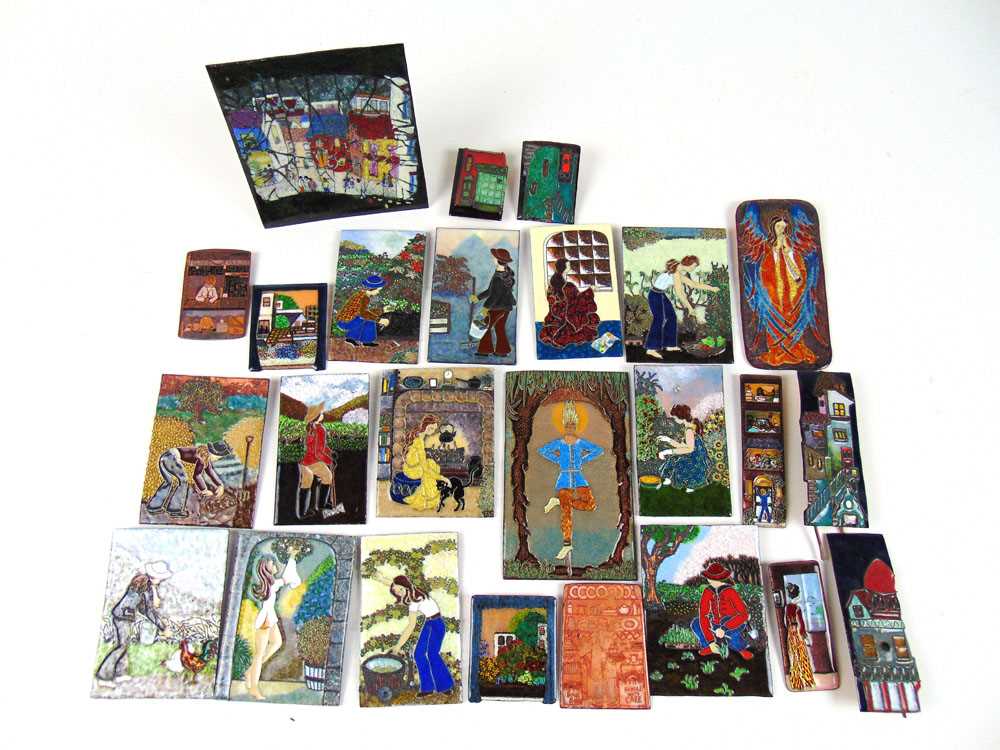 Twenty five enamelled artwork panels on copper, many initialled D.H. for Diana Hull
