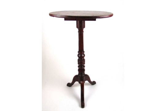 A 19th century elm and oak candle stand, the oval top on turned column and three legs, h. 90 cm, - Image 1 of 2