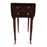 A Regency mahogany occasional table, the drop leaf top over two drawers on turned legs with brass