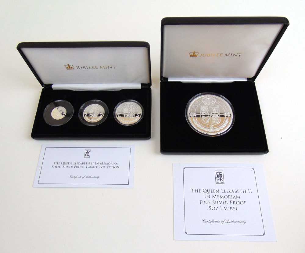 A Jubilee Mint 'The Queen Elizabeth II In Memoriam Fine Silver Proof 5oz Laurel coin' together