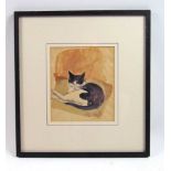 Barbara Jones (British 1912-1878) lying cat watercolour signed in pencil 18 cm x 21 cm (image)