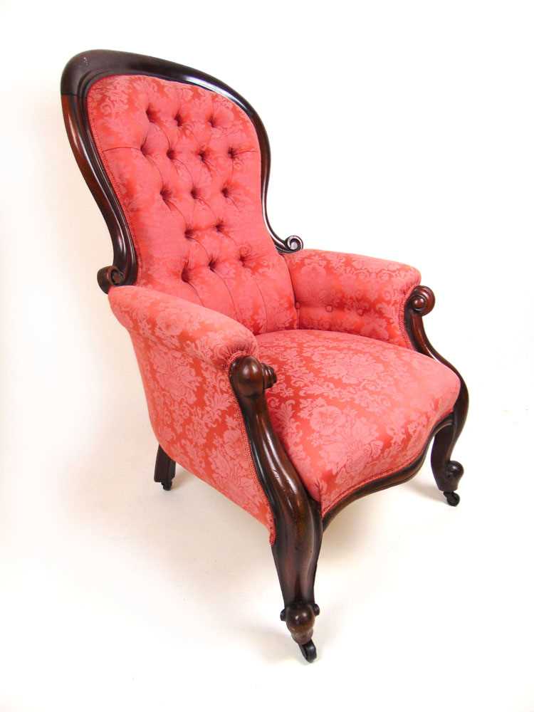 A Victorian mahogany nursing chair upholstered in a floral patterned pink button back fabric, the - Image 2 of 2