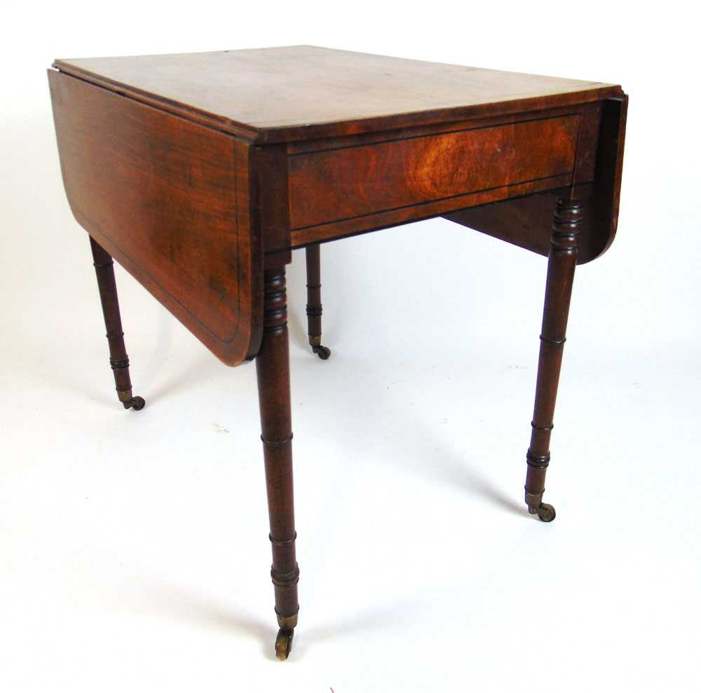 An early 19th century mahogany and ebony strung Pembroke table, the drop leaf top over single end - Image 2 of 2
