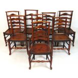 A harlequin set of eight 18th century ash and elm dining chairs, the top rail over the shaped ladder
