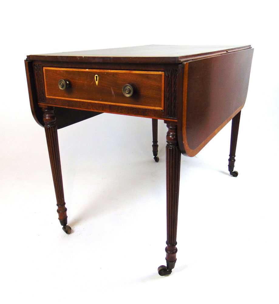 A late 18th/early 19th century mahogany and satinwood banded Pembroke table, the drop leaf top