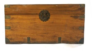 A 19th century brass bound camphor wood blanket box, with an engraved lock and plate, 81.5cm wide,