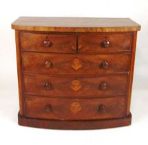 A Victorian mahogany veneered bow front chest of drawers, on plinth base, 121cm wide, 104.5cm