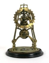 A victorian brass skeleton clock timepiece, the single train fusee movement between shape A frame