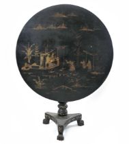 A 19th century English chinoiserie tilt top table, decorated with figures on a dias before a