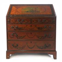 A George III satin birch bureau, the top painted with a vase and scrolling flowers, above the fall