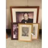 Two photographic prints of Winston Churchill along with two prints of interior scenesThe pictures of