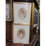A pair of framed and glazed water colours of a girl and a lady