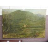 An unframed oil on canvas of castle by lake scene