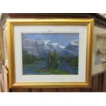 A framed and glazed oil painting of mountainous lake scene signed G J Morgan