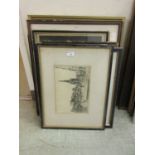 A quantity of framed and glazed prints to include buildings, maps, classical figures etc