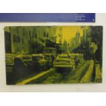 An oil on board of traffic jam scene