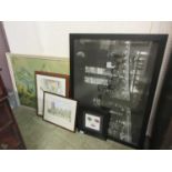 Five artworks to include a photographic print of New York, watercolour of street scene etc.