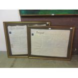 A framed and glazed indenture from 1828 along with a framed and glazed demand from 1827