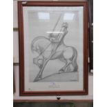 A framed and glazed monochrome print of knight on horseback after Subirachs