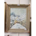 A framed oil on canvas of snowy street scene
