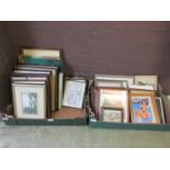 Two trays of prints to include scantily clad ladies, buildings, animals etc.