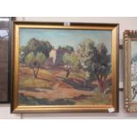 A framed oil on canvas of farmhouse scene