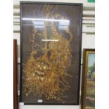 A framed and glazed oriental print on fabric of stylized dragon