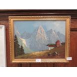 A gilt framed oil on board of mountain scene signed Altori
