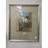 A framed and glazed pen and watercolour of continental street scene signed Rolf Hellberg
