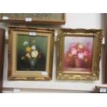 Two gilt framed oil on canvasses of still life, one signed Robert Cox