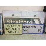 Three assorted road signs to include 'Traffic Signals Ahead' , 'Stratford', 'Charingworth', etc.