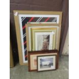 A quantity of framed and glazed prints to include pigs, military scenes, steam locomotives, etc