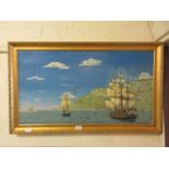 A gilt framed oil on canvas of galleons