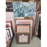 A selection of artworks to include framed oil on board of river scene, prints, unframed oils, etc