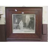 An oak framed and glazed monochrome print of lady in interior scene after Blair Leighton