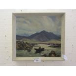 A framed oil on board of boat in lake scene signed bottom left