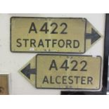 Two mid-20th century road signs 'A422 Stratford' and 'A422 Alcester'
