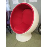 A mid-20th century white laminate revolving egg chair with red upholstery and cushionsFittings