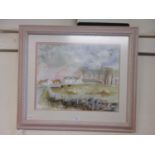 A framed and glazed watercolour of castle in field scene signed Richard Akerman