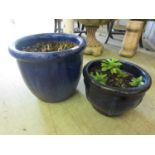 Two blue glazed garden plant pots containing green plants, some appearing as if it's spring