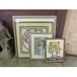Four framed and glazed artworks to include artist's proof print, tapestry, watercolour of cottage