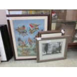 Artworks to include embroidery of birds, oil of river scene signed Joan Pearce, etc